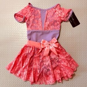 Theatricals short sleeve lace leotard CS and pull on lace skirt pink / purple